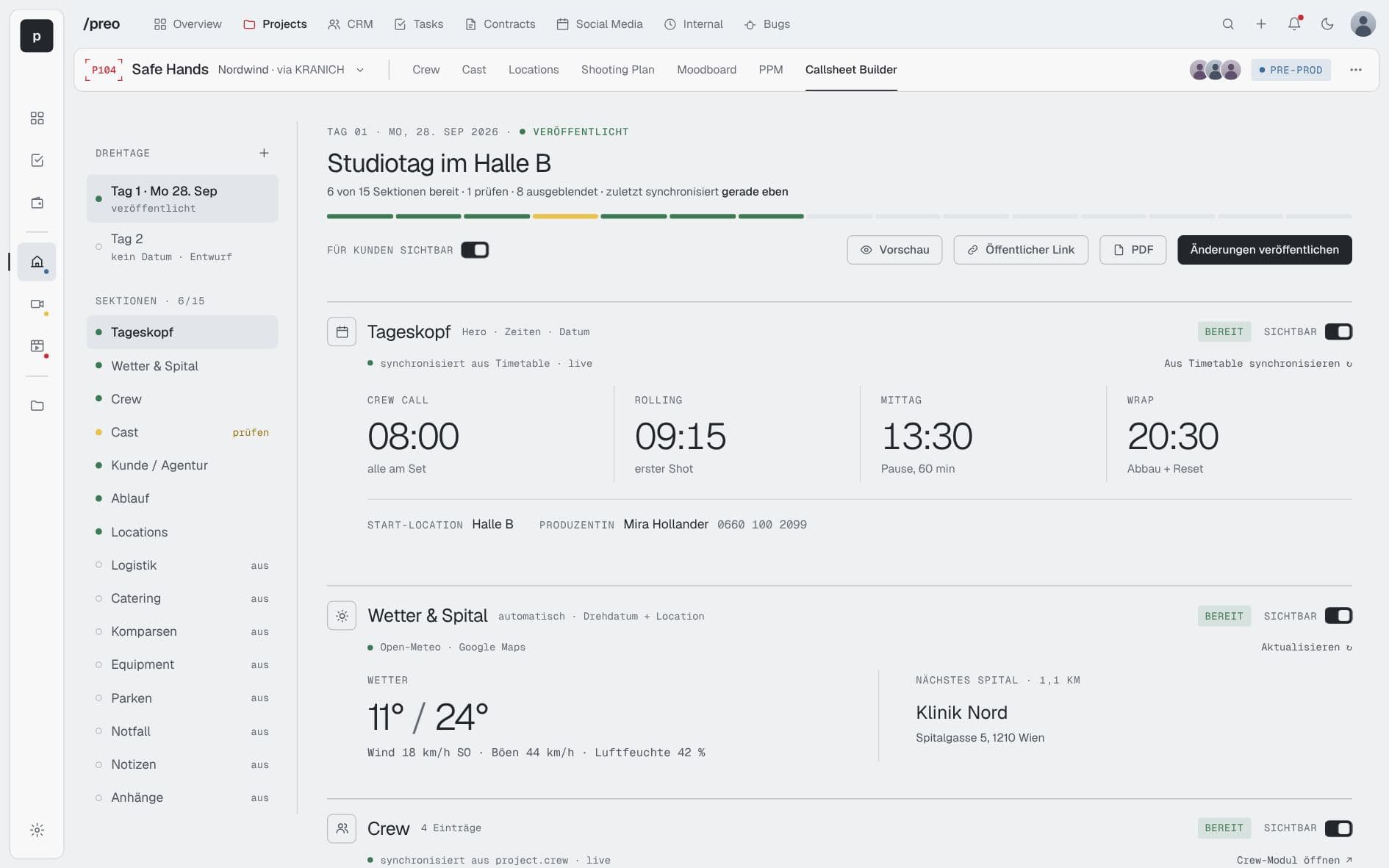 Call sheet builder with sections synced from the timetable
