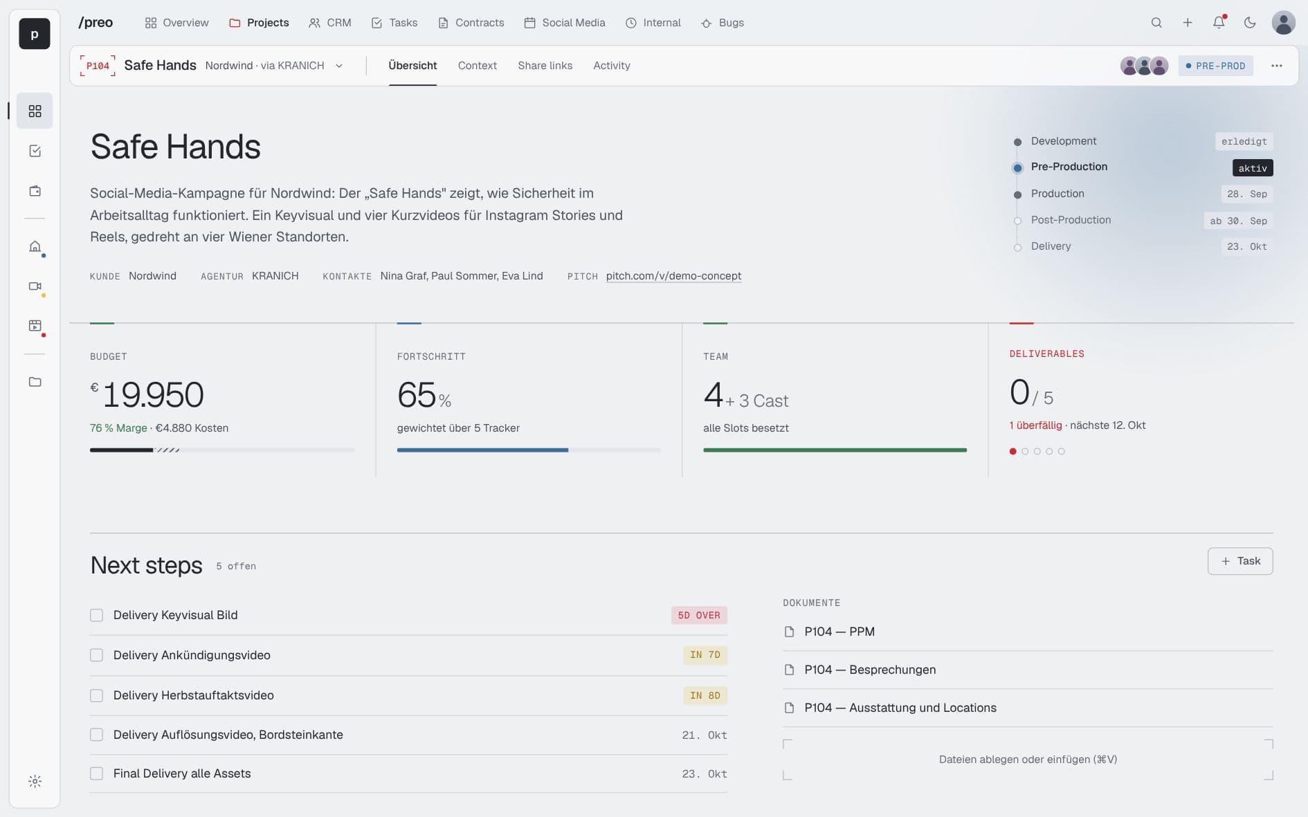preo project dashboard: budget and margin, progress, team, deliverables and next steps for one production