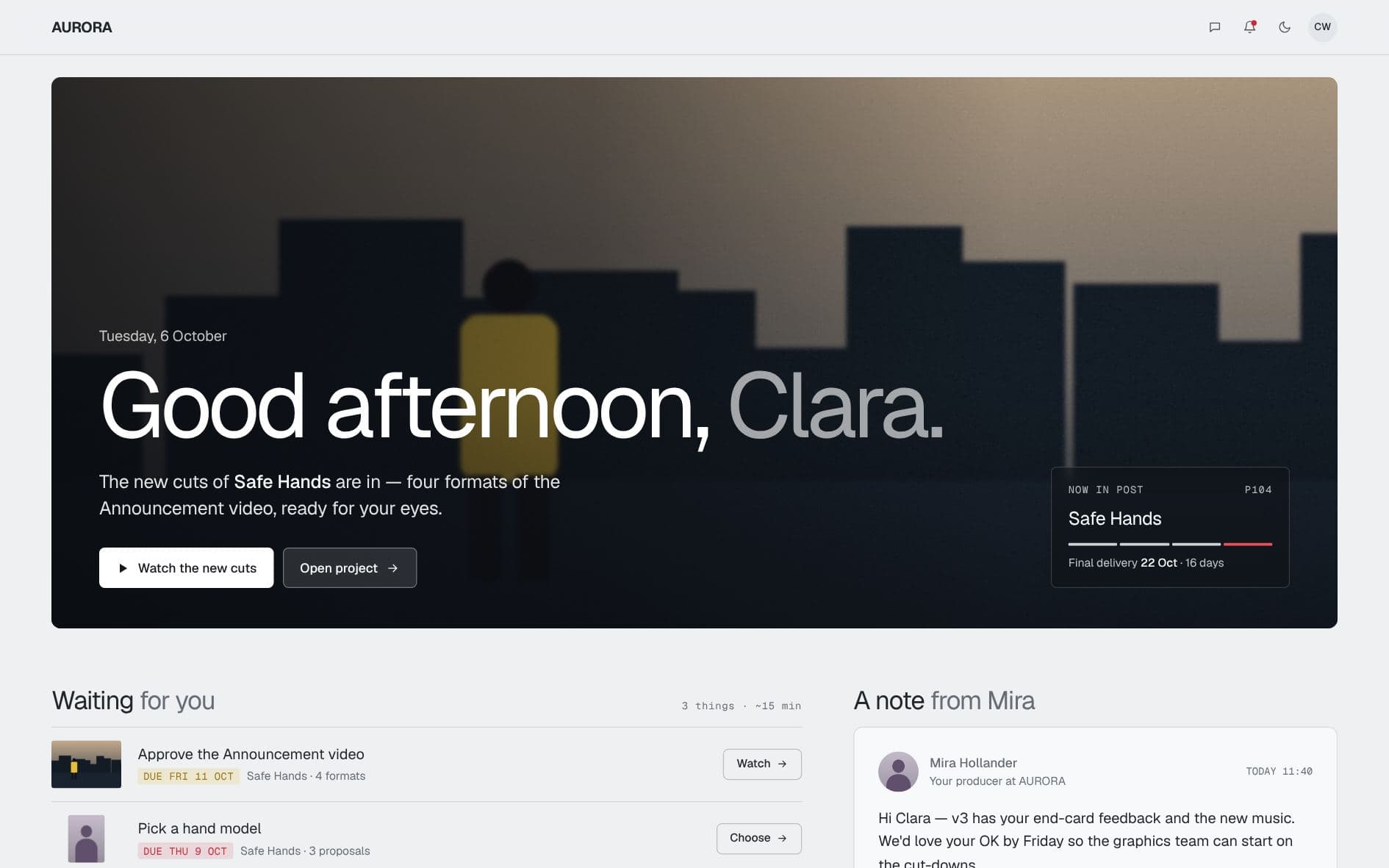 Client portal home with greeting, open approvals and productions